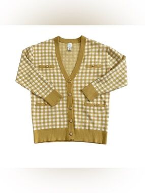 Joie Mustard Yellow Gingham Checkered V-Neck‎ Soft Cardigan Lion Buttons Medium